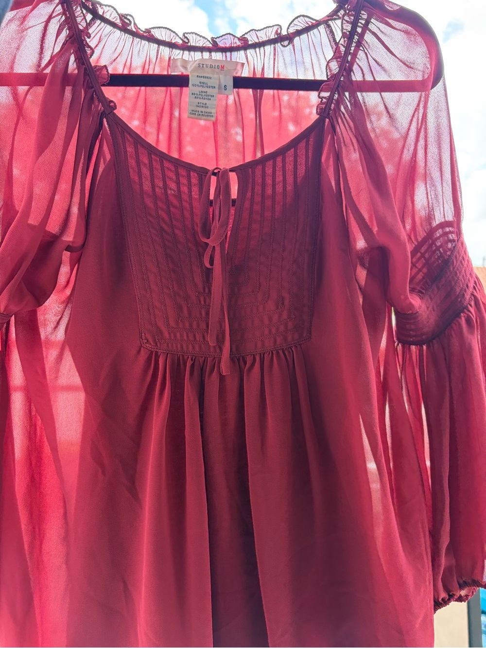 Peasant Blouse Wine/Berry Red Size S Long Lantern Sleeves Babydoll Chiffon Sheer